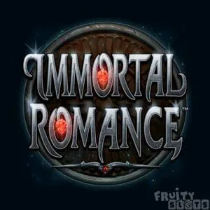 Tampilan layar permainan slot Immortal Romance dengan simbol vampir gothic dan gulungan berputar.